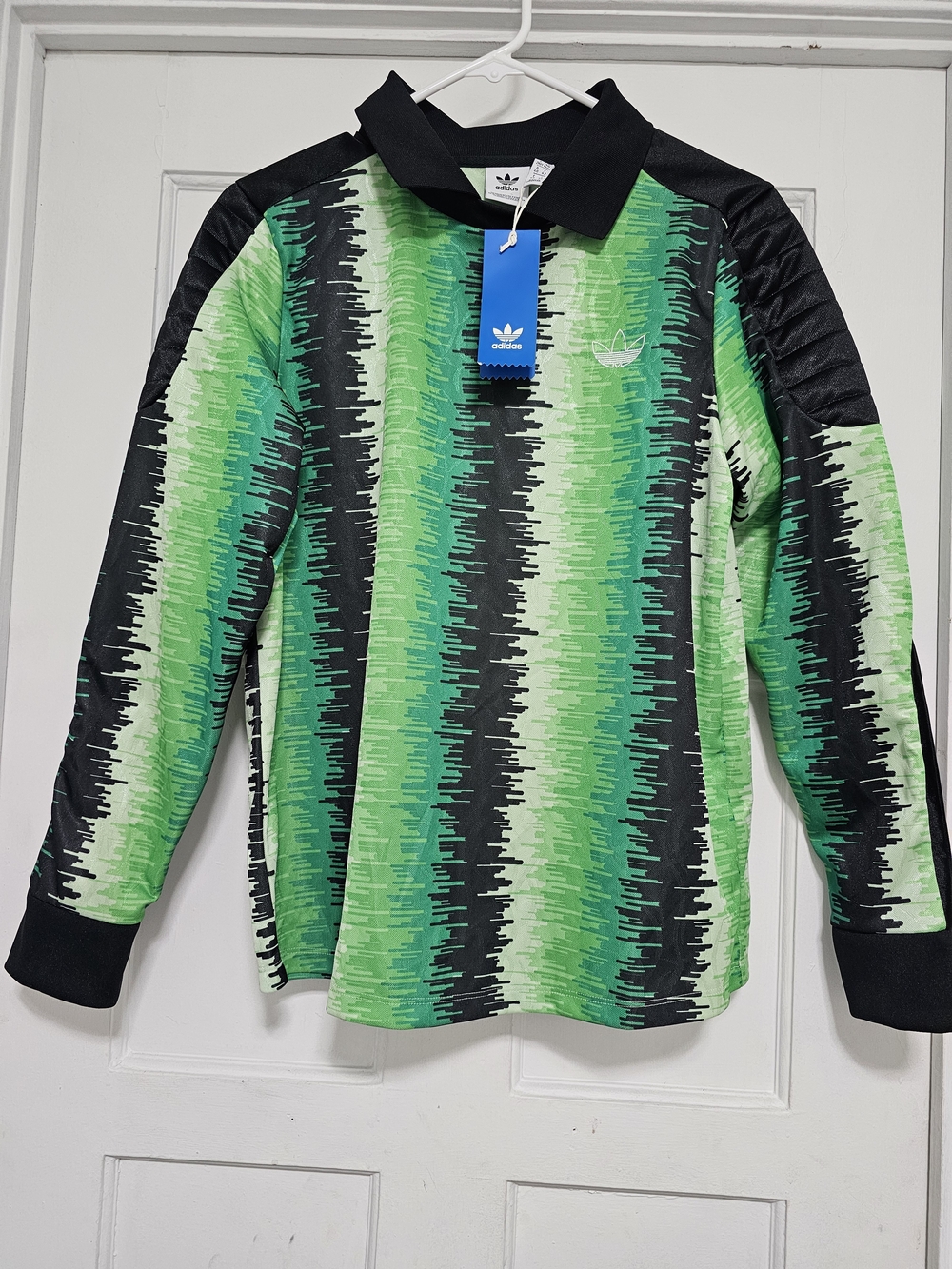 adidas Originals Men’s Long Sleeve Striped Polo Green/Black Logo Size M FM1980 - Picture 4 of 14